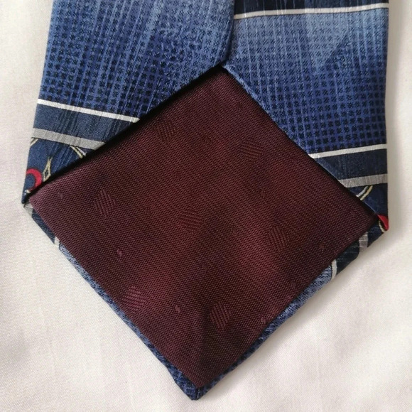 Vintage 80s Oscar de la Renta 100% Silk Blue Ombre and Red Patterned Tie - Picture 8 of 14